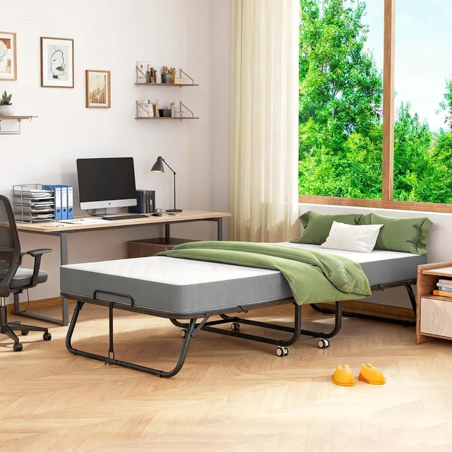 Alt view image 7 of 7 - Folding Bed with Mattress, Twin Foldable Bed, Roll Away Beds for Adults, 75" x 31" Roll Away Portable Beds with 5" Mattress, Folded Frame for Small Apartment, Guest Room