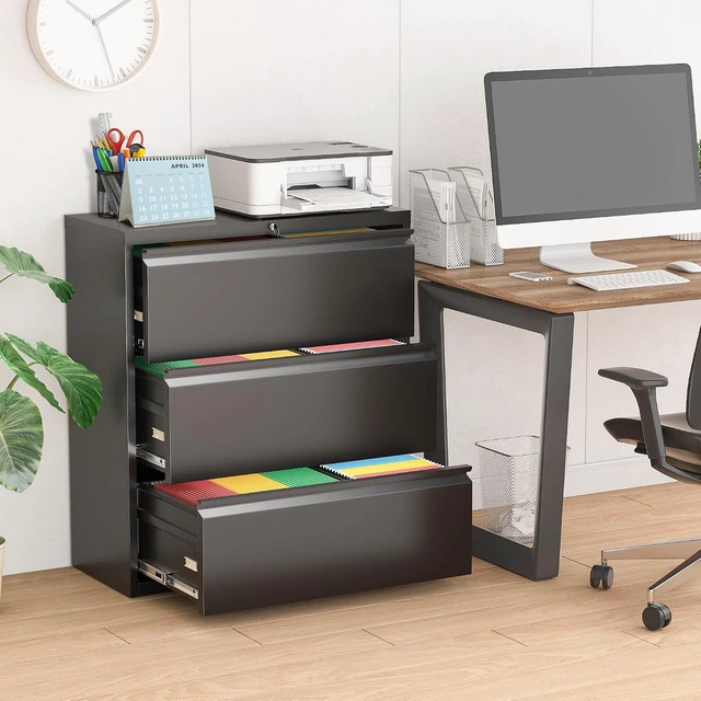 Alt view image 2 of 7 - Metal Lateral File Cabinet with Lock, Steel Lateral Filing Cabinet 3 Drawer, Locking Office Home Wide Organization File Cabinet for Hanging Files Letter/Legal/F4/A4 Size(3Drawer/Black)