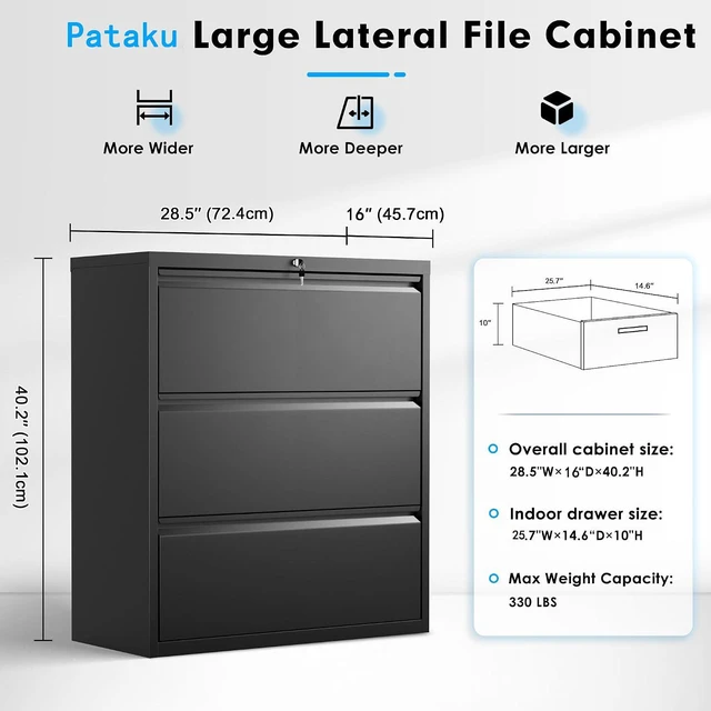 Alt view image 3 of 7 - Metal Lateral File Cabinet with Lock, Steel Lateral Filing Cabinet 3 Drawer, Locking Office Home Wide Organization File Cabinet for Hanging Files Letter/Legal/F4/A4 Size(3Drawer/Black)