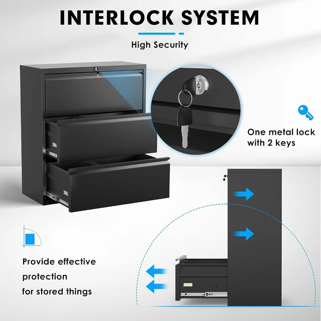 Alt view image 5 of 7 - Metal Lateral File Cabinet with Lock, Steel Lateral Filing Cabinet 3 Drawer, Locking Office Home Wide Organization File Cabinet for Hanging Files Letter/Legal/F4/A4 Size(3Drawer/Black)