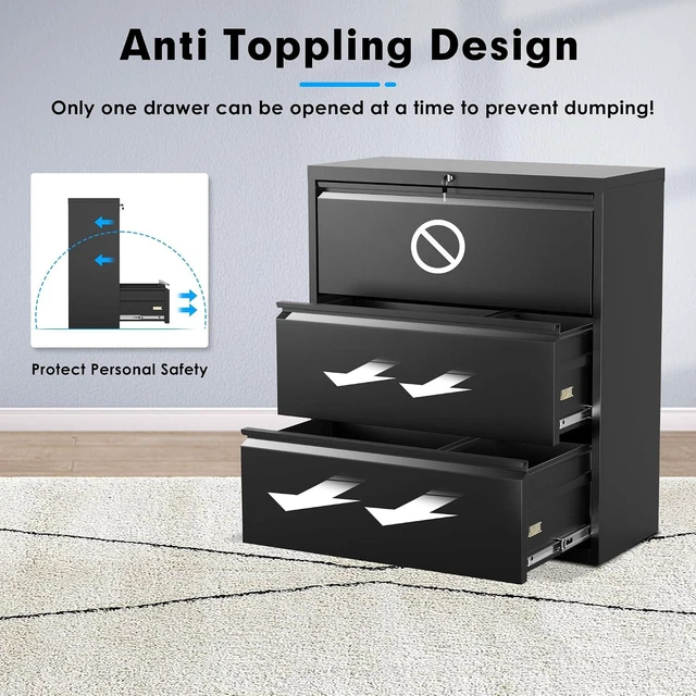 Alt view image 6 of 7 - Metal Lateral File Cabinet with Lock, Steel Lateral Filing Cabinet 3 Drawer, Locking Office Home Wide Organization File Cabinet for Hanging Files Letter/Legal/F4/A4 Size(3Drawer/Black)