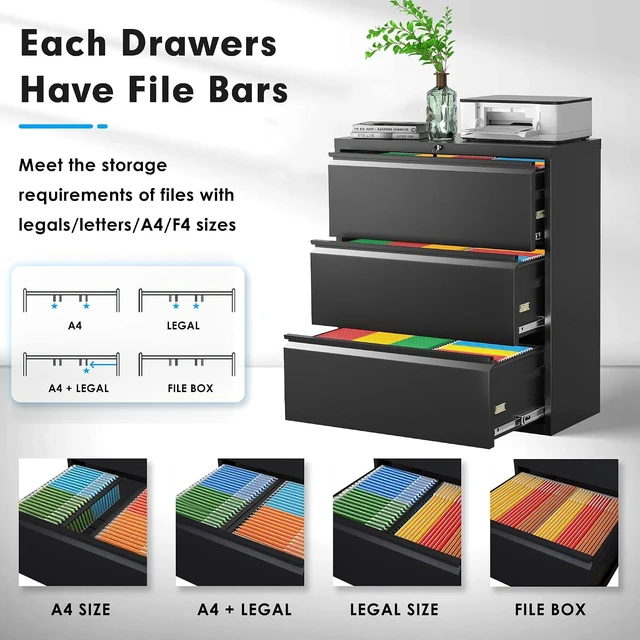 Alt view image 4 of 7 - Metal Lateral File Cabinet with Lock, Steel Lateral Filing Cabinet 3 Drawer, Locking Office Home Wide Organization File Cabinet for Hanging Files Letter/Legal/F4/A4 Size(3Drawer/Black)