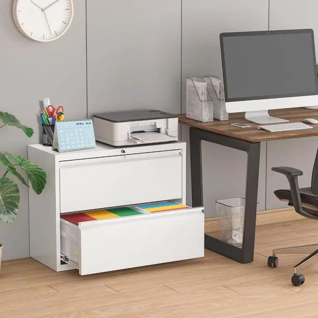 Alt view image 2 of 7 - Lateral File Cabinet, 2 Drawer File Cabinet with Lock, White Filing Cabinets for Home Office, Metal File Cabinet for Hanging Files/Letters/Legal/A4(2Drawer/White)