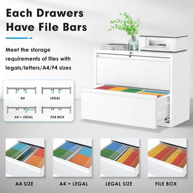 Alt view image 4 of 7 - Lateral File Cabinet, 2 Drawer File Cabinet with Lock, White Filing Cabinets for Home Office, Metal File Cabinet for Hanging Files/Letters/Legal/A4(2Drawer/White)