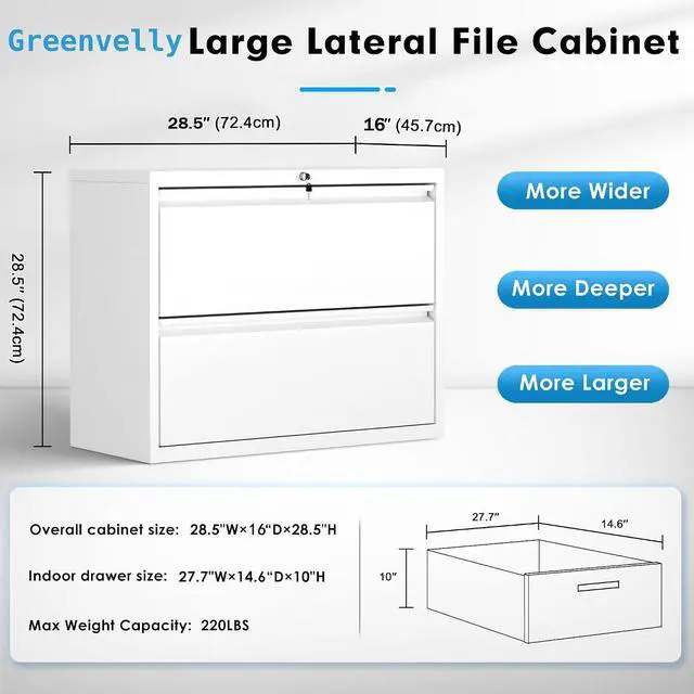 Alt view image 3 of 7 - Lateral File Cabinet, 2 Drawer File Cabinet with Lock, White Filing Cabinets for Home Office, Metal File Cabinet for Hanging Files/Letters/Legal/A4(2Drawer/White)