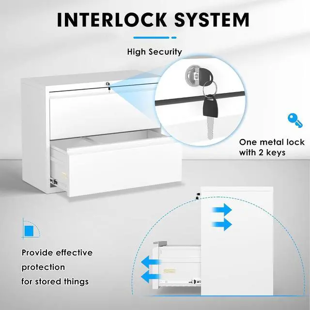 Alt view image 5 of 7 - Lateral File Cabinet, 2 Drawer File Cabinet with Lock, White Filing Cabinets for Home Office, Metal File Cabinet for Hanging Files/Letters/Legal/A4(2Drawer/White)