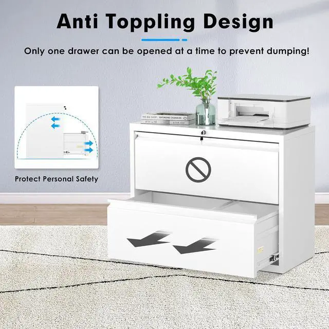 Alt view image 6 of 7 - Lateral File Cabinet, 2 Drawer File Cabinet with Lock, White Filing Cabinets for Home Office, Metal File Cabinet for Hanging Files/Letters/Legal/A4(2Drawer/White)