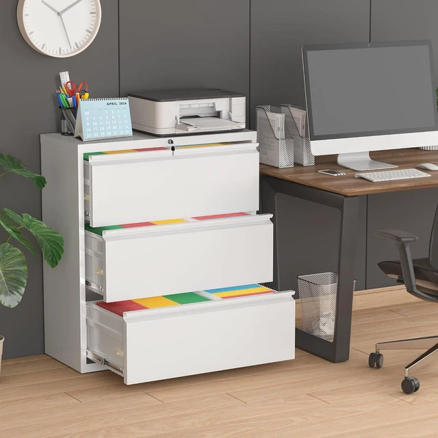 Alt view image 2 of 7 - Metal Lateral File Cabinet with Lock, Steel Filing Cabinet 3 Drawer, Locking Office Home Wide Organization File Cabinets for Hanging Files Letter/Legal/F4/A4 Size, (White-3Drawer)