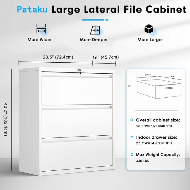 Alt view image 3 of 7 - Metal Lateral File Cabinet with Lock, Steel Filing Cabinet 3 Drawer, Locking Office Home Wide Organization File Cabinets for Hanging Files Letter/Legal/F4/A4 Size, (White-3Drawer)