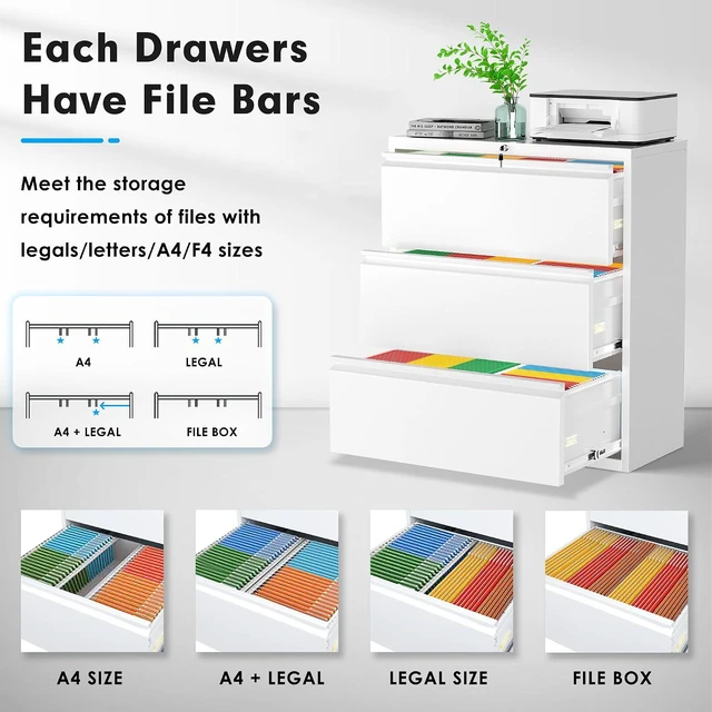 Alt view image 4 of 7 - Metal Lateral File Cabinet with Lock, Steel Filing Cabinet 3 Drawer, Locking Office Home Wide Organization File Cabinets for Hanging Files Letter/Legal/F4/A4 Size, (White-3Drawer)