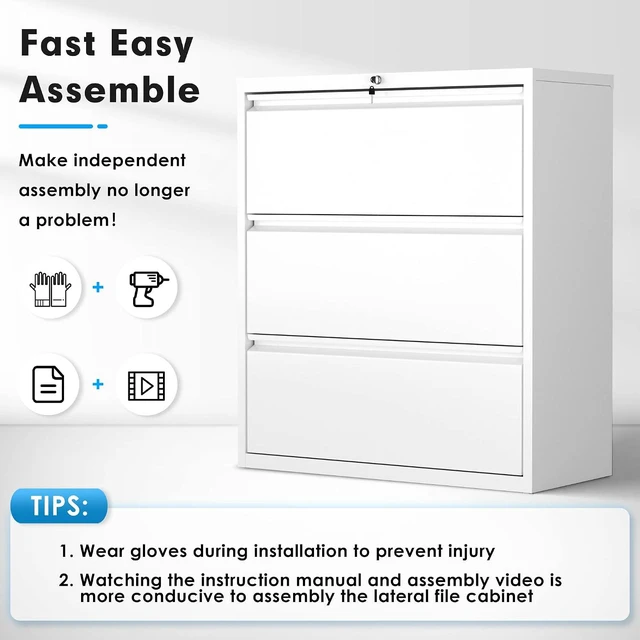 Alt view image 7 of 7 - Metal Lateral File Cabinet with Lock, Steel Filing Cabinet 3 Drawer, Locking Office Home Wide Organization File Cabinets for Hanging Files Letter/Legal/F4/A4 Size, (White-3Drawer)