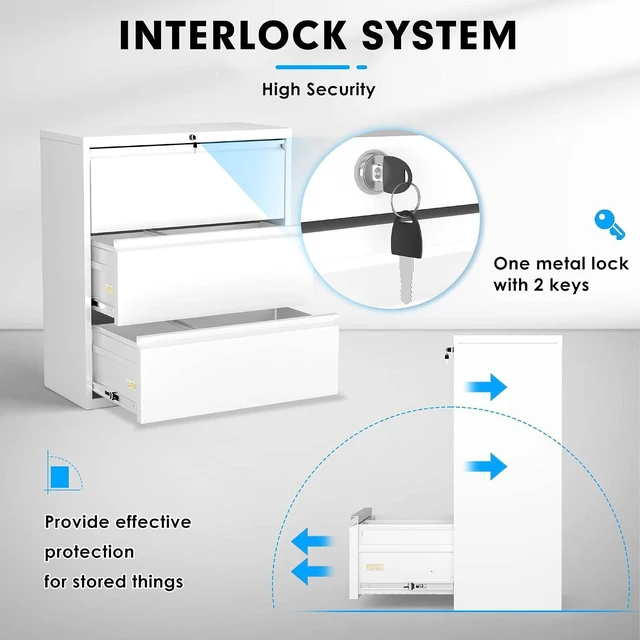 Alt view image 6 of 7 - Metal Lateral File Cabinet with Lock, Steel Filing Cabinet 3 Drawer, Locking Office Home Wide Organization File Cabinets for Hanging Files Letter/Legal/F4/A4 Size, (White-3Drawer)