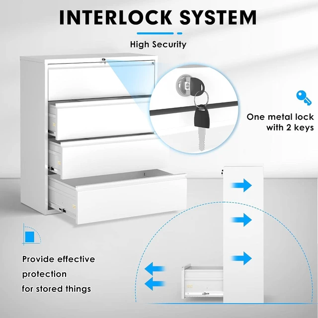 Alt view image 5 of 7 - 4 Drawer File Cabinet with Lock, Metal Lateral File Cabinets for Home Office, Locking Filling Cabinets for Hanging Files Letter/Legal/F4/A4 Size(4Drawer/White)