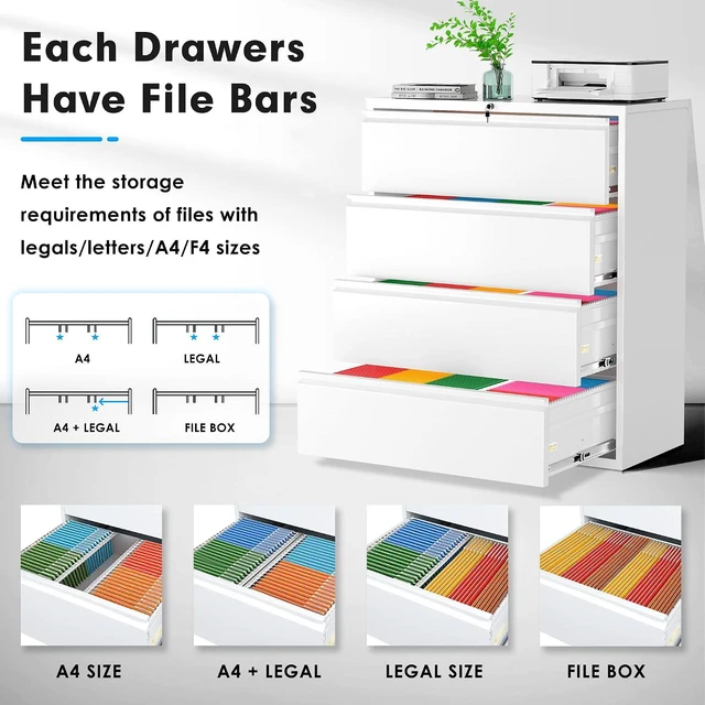 Alt view image 4 of 7 - 4 Drawer File Cabinet with Lock, Metal Lateral File Cabinets for Home Office, Locking Filling Cabinets for Hanging Files Letter/Legal/F4/A4 Size(4Drawer/White)
