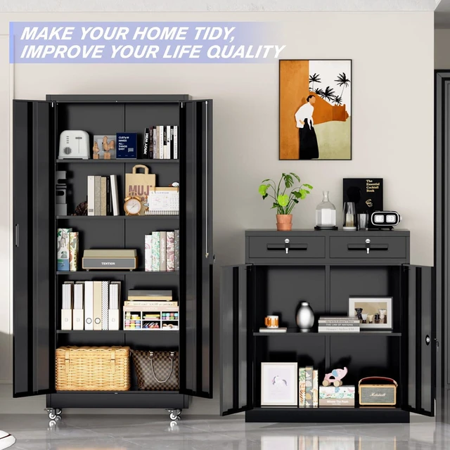Alt view image 3 of 7 - 73" Metal Storage Cabinet with Wheels, Garage Storage Cabinet with 4 Adjustable Shelves & Lockable Doors for Garage Home Office, Heavy Duty Tool Cabinets