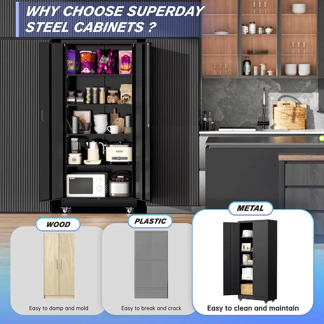 Alt view image 6 of 7 - 73" Metal Storage Cabinet with Wheels, Garage Storage Cabinet with 4 Adjustable Shelves & Lockable Doors for Garage Home Office, Heavy Duty Tool Cabinets