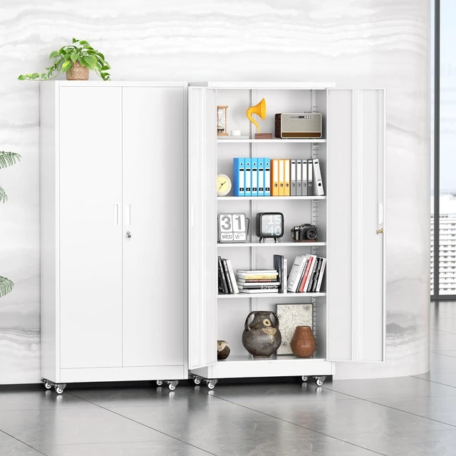 Alt view image 2 of 7 - 73" Metal Storage Cabinet with Wheels, Garage Storage Cabinet with 4 Adjustable Shelves & Lockable Doors for Garage Home Office, Heavy Duty Tool CabinetsWhite