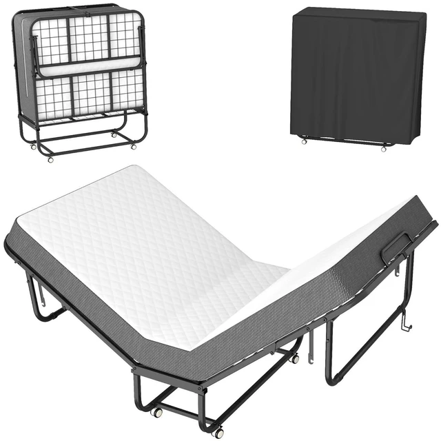 Main image of Folding Bed with Mattress, 75" x 31" Rollaway Guest Bed Heavy Duty Metal Frame Portable Cot with Smooth Wheels for Adults Office Spare Room 5'' Memory Foam Sleepover 400 LBS Weight Capacity