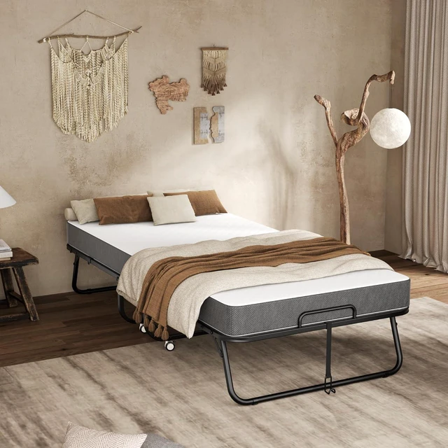 Alt view image 2 of 7 - Folding Bed with Mattress, 75" x 31" Rollaway Guest Bed Heavy Duty Metal Frame Portable Cot with Smooth Wheels for Adults Office Spare Room 5'' Memory Foam Sleepover 400 LBS Weight Capacity