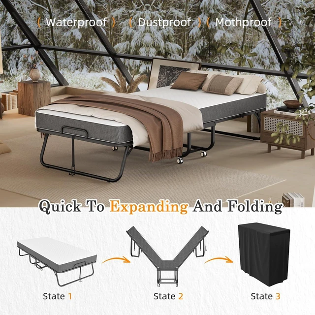 Alt view image 5 of 7 - Folding Bed with Mattress, 75" x 31" Rollaway Guest Bed Heavy Duty Metal Frame Portable Cot with Smooth Wheels for Adults Office Spare Room 5'' Memory Foam Sleepover 400 LBS Weight Capacity
