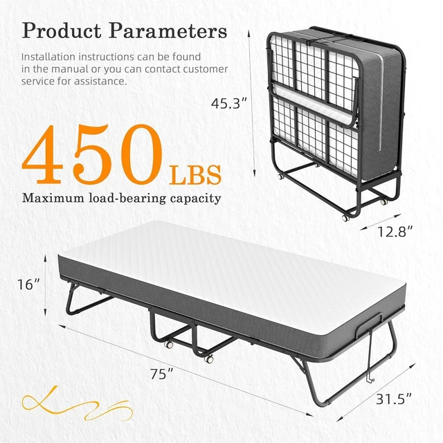 Alt view image 3 of 7 - Folding Bed with Mattress, 75" x 31" Rollaway Guest Bed Heavy Duty Metal Frame Portable Cot with Smooth Wheels for Adults Office Spare Room 5'' Memory Foam Sleepover 400 LBS Weight Capacity