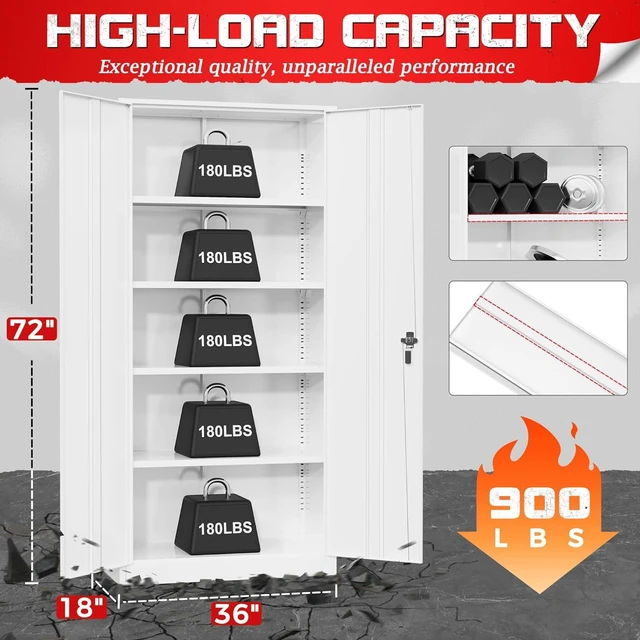 Alt view image 3 of 7 - Garage Storage Cabinet 72" Metal Locking Cabinet 5-Layer with Door Steel Multifunctional Storage Cabinets with 4 Adjustable Shelves, Cabinets for Home, Office, Warehouse(White)