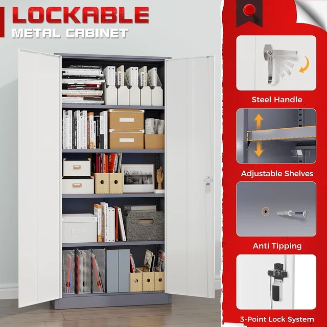 Alt view image 6 of 7 - Garage Storage Cabinet 71" Metal Locking Cabinet 5-Layer with Door Steel Multifunctional Storage Cabinets with 4 Adjustable Shelves, Tool Cabinets for Home, Office, Warehouse(White Grey)