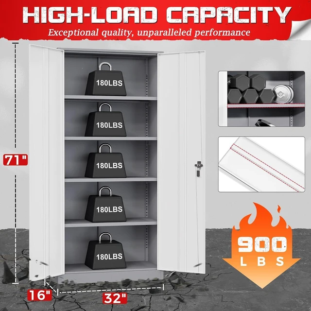 Alt view image 3 of 7 - Garage Storage Cabinet 71" Metal Locking Cabinet 5-Layer with Door Steel Multifunctional Storage Cabinets with 4 Adjustable Shelves, Tool Cabinets for Home, Office, Warehouse(White Grey)