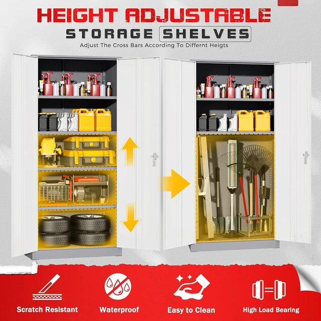 Alt view image 4 of 7 - Garage Storage Cabinet 71" Metal Locking Cabinet 5-Layer with Door Steel Multifunctional Storage Cabinets with 4 Adjustable Shelves, Tool Cabinets for Home, Office, Warehouse(White Grey)
