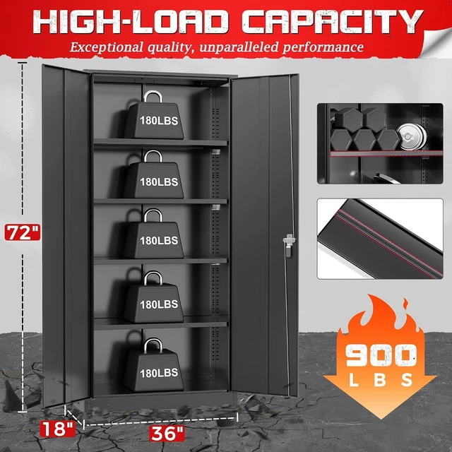 Alt view image 3 of 7 - Metal Garage Storage Cabinet with 2 Doors and 4 Adjustable Shelves, 72" Tall Locking Storage Cabinet, Black Lockable Metal Storage Cabinets with Doors, Garage Cabinets for Home Office, Classroom