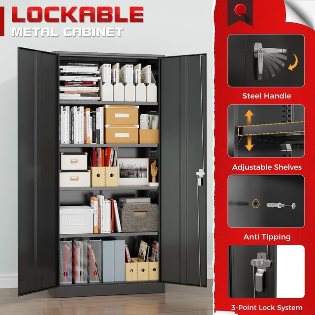 Alt view image 7 of 7 - Metal Garage Storage Cabinet with 2 Doors and 4 Adjustable Shelves, 72" Tall Locking Storage Cabinet, Black Lockable Metal Storage Cabinets with Doors, Garage Cabinets for Home Office, Classroom