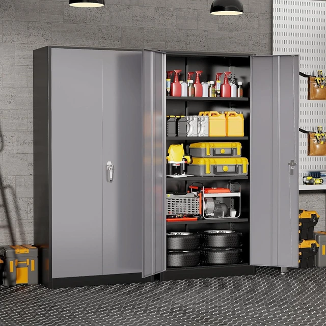 Alt view image 2 of 7 - Garage Storage Cabinet 71" Metal Locking Cabinet 5-Layer with Door Steel Multifunctional Storage Cabinets with 4 Adjustable Shelves, Tool Cabinets for Home, Office, Warehouse- Black Grey