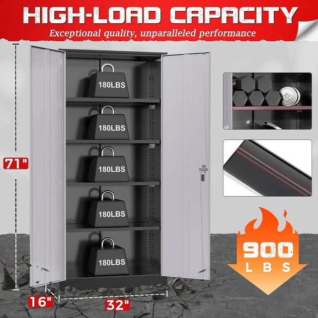 Alt view image 3 of 7 - Garage Storage Cabinet 71" Metal Locking Cabinet 5-Layer with Door Steel Multifunctional Storage Cabinets with 4 Adjustable Shelves, Tool Cabinets for Home, Office, Warehouse- Black Grey