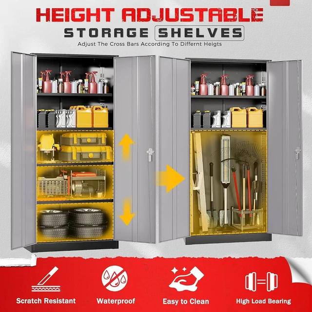 Alt view image 4 of 7 - Garage Storage Cabinet 71" Metal Locking Cabinet 5-Layer with Door Steel Multifunctional Storage Cabinets with 4 Adjustable Shelves, Tool Cabinets for Home, Office, Warehouse- Black Grey