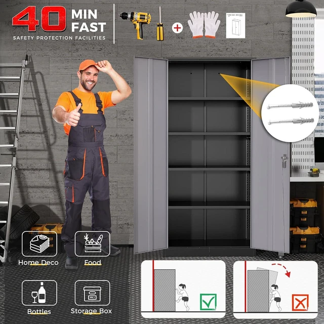 Alt view image 5 of 7 - Garage Storage Cabinet 71" Metal Locking Cabinet 5-Layer with Door Steel Multifunctional Storage Cabinets with 4 Adjustable Shelves, Tool Cabinets for Home, Office, Warehouse- Black Grey