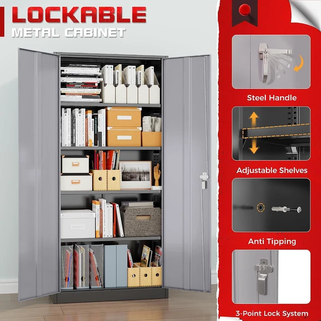 Alt view image 6 of 7 - Garage Storage Cabinet 71" Metal Locking Cabinet 5-Layer with Door Steel Multifunctional Storage Cabinets with 4 Adjustable Shelves, Tool Cabinets for Home, Office, Warehouse- Black Grey