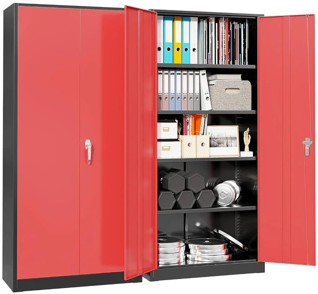 Main image of Garage Storage Cabinet 71" Metal Locking Cabinet 5-Layer with Door Steel Multifunctional Storage Cabinets with 4 Adjustable Shelves, Tool Cabinets for Home, Office, Warehouse- Black Red