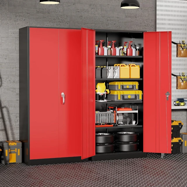 Alt view image 2 of 7 - Garage Storage Cabinet 71" Metal Locking Cabinet 5-Layer with Door Steel Multifunctional Storage Cabinets with 4 Adjustable Shelves, Tool Cabinets for Home, Office, Warehouse- Black Red