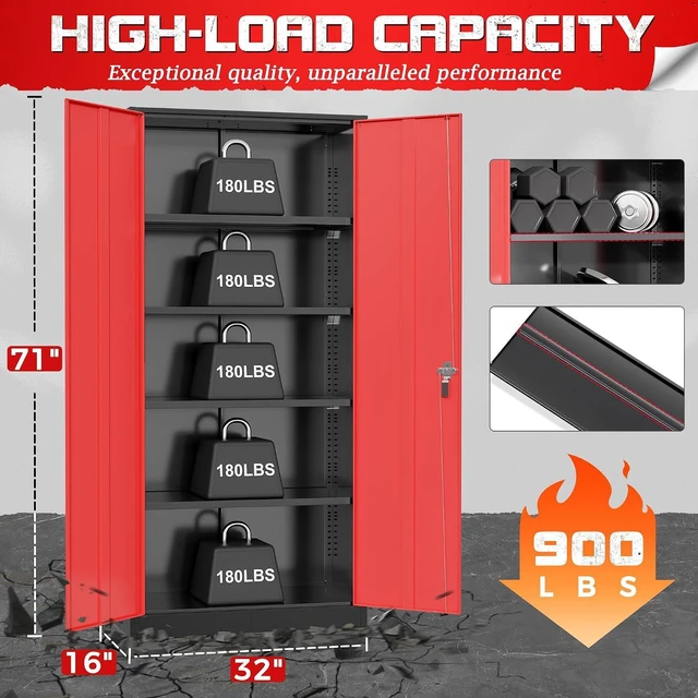 Alt view image 3 of 7 - Garage Storage Cabinet 71" Metal Locking Cabinet 5-Layer with Door Steel Multifunctional Storage Cabinets with 4 Adjustable Shelves, Tool Cabinets for Home, Office, Warehouse- Black Red
