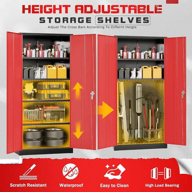 Alt view image 4 of 7 - Garage Storage Cabinet 71" Metal Locking Cabinet 5-Layer with Door Steel Multifunctional Storage Cabinets with 4 Adjustable Shelves, Tool Cabinets for Home, Office, Warehouse- Black Red