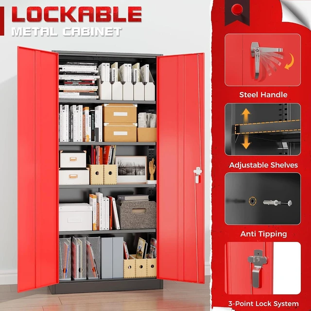 Alt view image 6 of 7 - Garage Storage Cabinet 71" Metal Locking Cabinet 5-Layer with Door Steel Multifunctional Storage Cabinets with 4 Adjustable Shelves, Tool Cabinets for Home, Office, Warehouse- Black Red