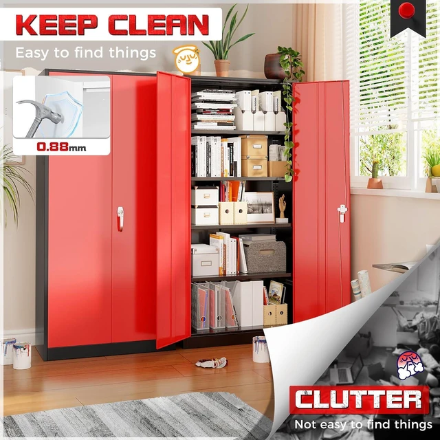 Alt view image 7 of 7 - Garage Storage Cabinet 71" Metal Locking Cabinet 5-Layer with Door Steel Multifunctional Storage Cabinets with 4 Adjustable Shelves, Tool Cabinets for Home, Office, Warehouse- Black Red