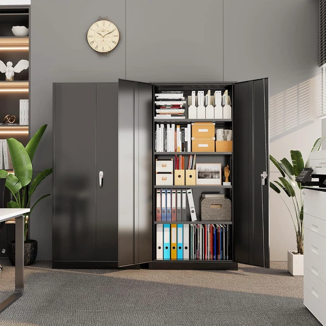 Alt view image 6 of 7 - Metal Storage Cabinet with Lock, 71" Tall Black Garage Cabinet with 2 Doors & 4 Adjustable Shelves, Lockable Steel File Cabinet for Home Office, Garage, School, Gym