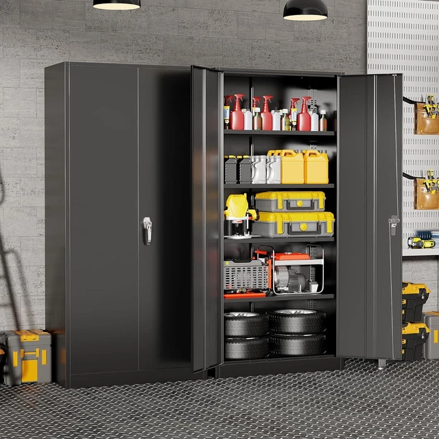 Alt view image 2 of 7 - Metal Storage Cabinet with Lock, 71" Tall Black Garage Cabinet with 2 Doors & 4 Adjustable Shelves, Lockable Steel File Cabinet for Home Office, Garage, School, Gym