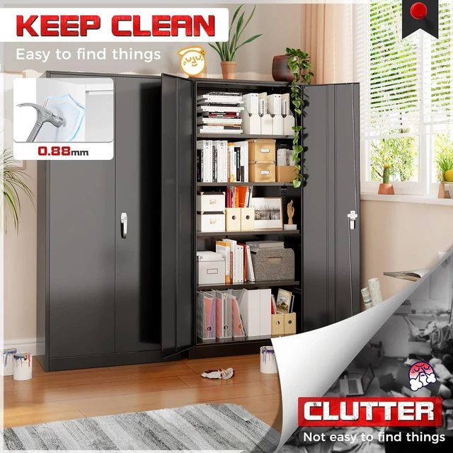 Alt view image 7 of 7 - Metal Storage Cabinet with Lock, 71" Tall Black Garage Cabinet with 2 Doors & 4 Adjustable Shelves, Lockable Steel File Cabinet for Home Office, Garage, School, Gym