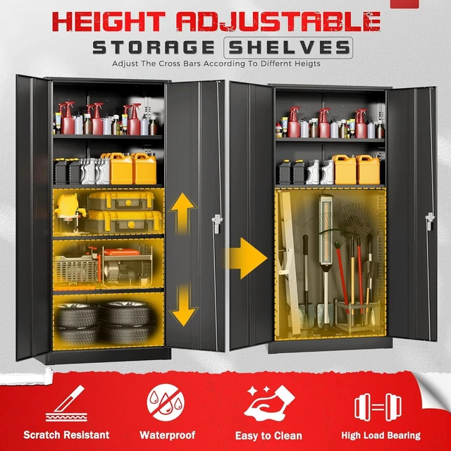 Alt view image 4 of 7 - Metal Storage Cabinet with Lock, 71" Tall Black Garage Cabinet with 2 Doors & 4 Adjustable Shelves, Lockable Steel File Cabinet for Home Office, Garage, School, Gym