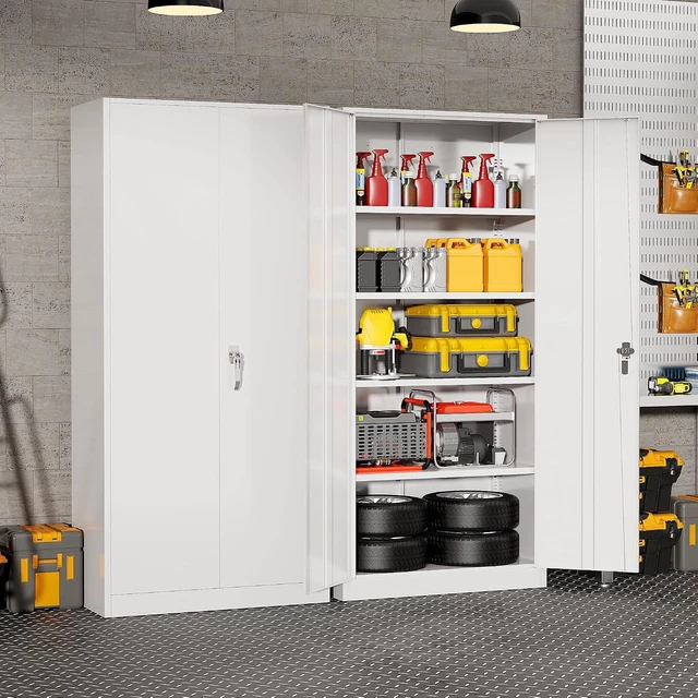 Alt view image 2 of 7 - Garage Storage Cabinet 71" Metal Locking Cabinet 5-Layer with Door Steel Multifunctional Storage Cabinets with 4 Adjustable Shelves, Tool Cabinets for Home, Office, Warehouse-White