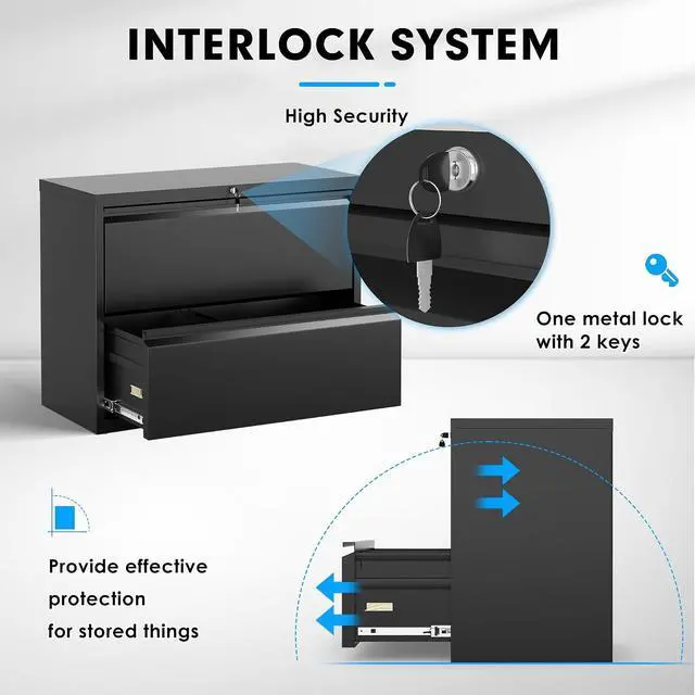 Alt view image 5 of 7 - Lateral File Cabinet, 2 Drawer File Cabinet with Lock, Black Filing Cabinets for Home Office, Metal File Cabinet for Hanging Files/Letters/Legal/F4/A4(2Drawer/Black)