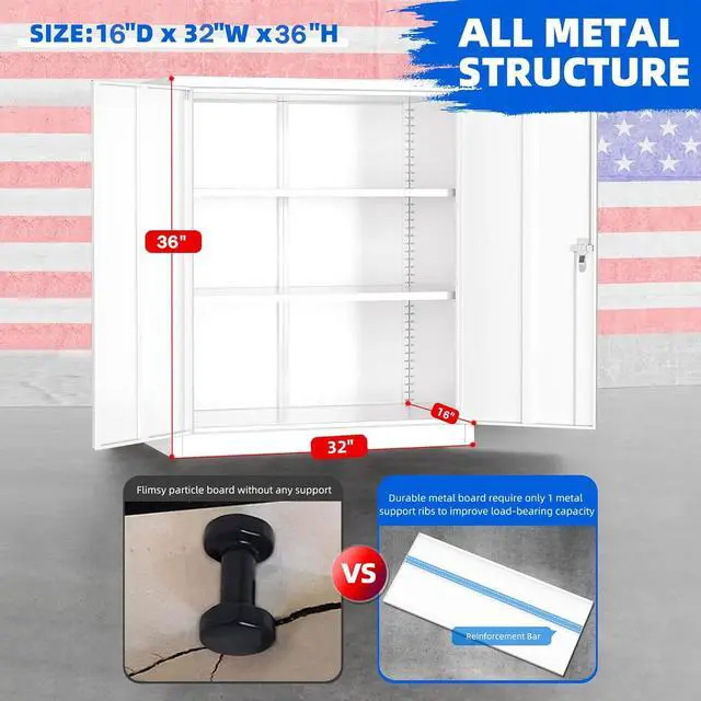 Alt view image 3 of 7 - Locking Cabinet, Metal Storage Cabinets with Doors and Adjustment Shelves, 36" Garage Cabinets with Lock for Home, Office, File Pantry, Kitchen - White