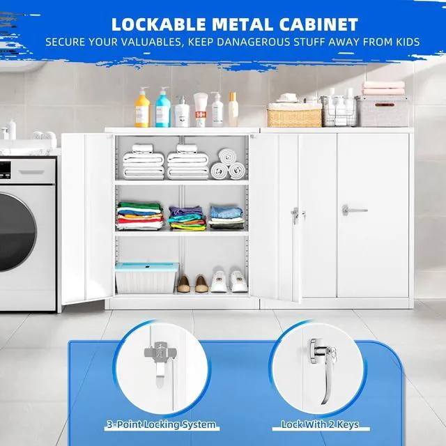 Alt view image 5 of 7 - Locking Cabinet, Metal Storage Cabinets with Doors and Adjustment Shelves, 36" Garage Cabinets with Lock for Home, Office, File Pantry, Kitchen - White